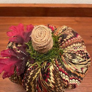 Fall handmade fabric pumpkin in rust, gold, cream, green & burgundy